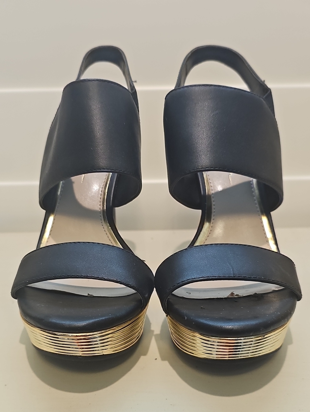 Jessica Simpson Black Platform Slingback Sandals with Gold Trim